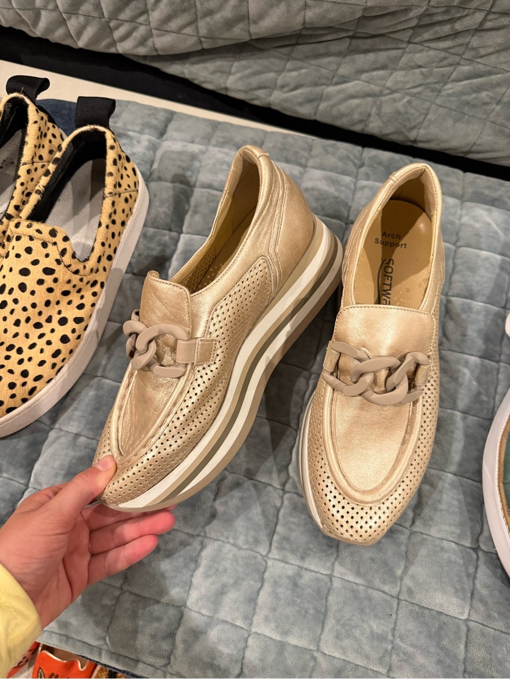 Women's Metallic Champagne Platform Loafers with Chain Accent